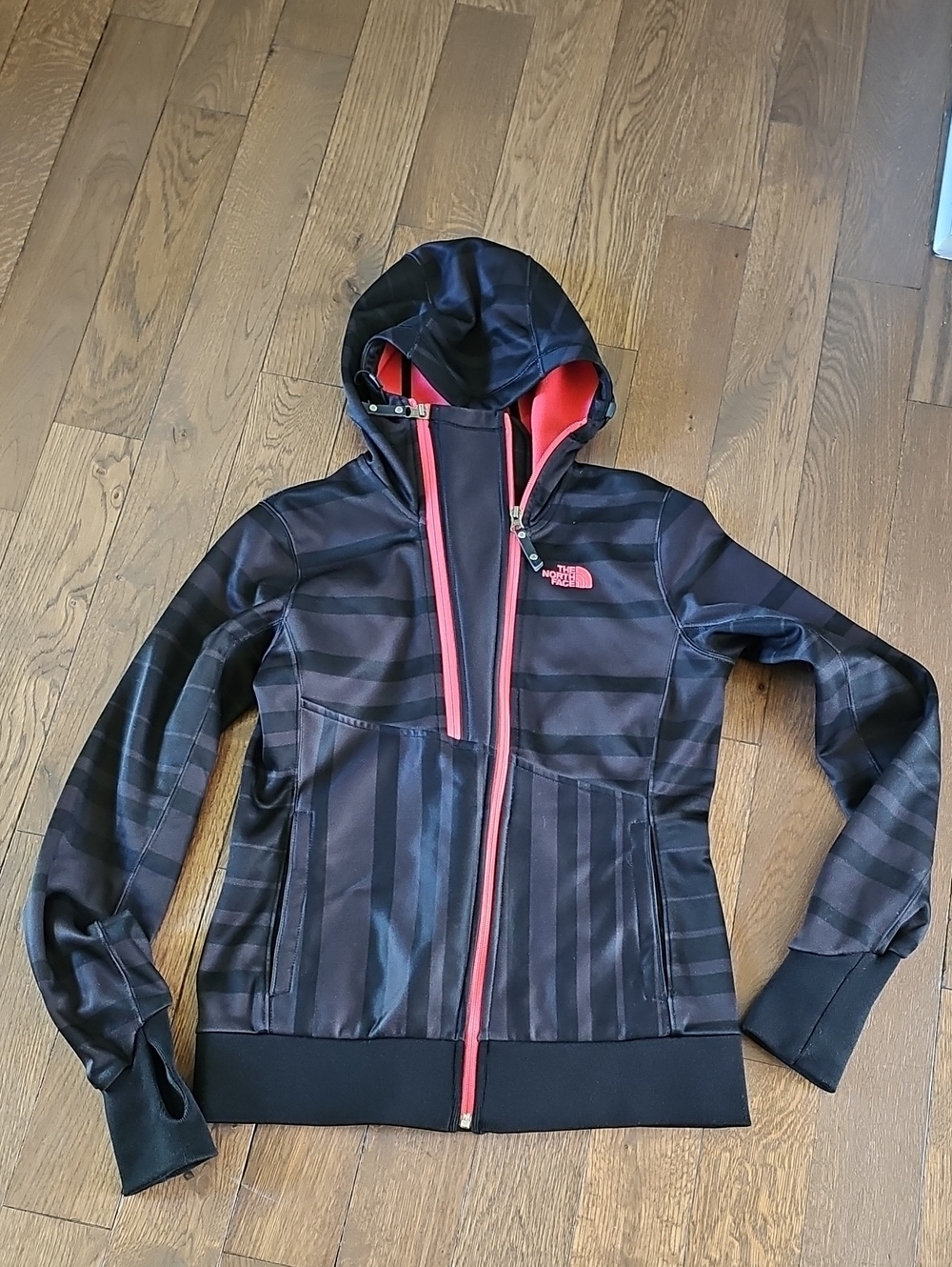 The North Face Black Hooded Bomber Jacket with Pink Trim